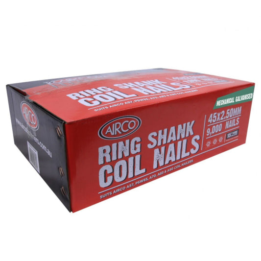 Airco Coil Nail Wire Collated. Ring shank. Mech Galv : 45 x 2.5mm Box