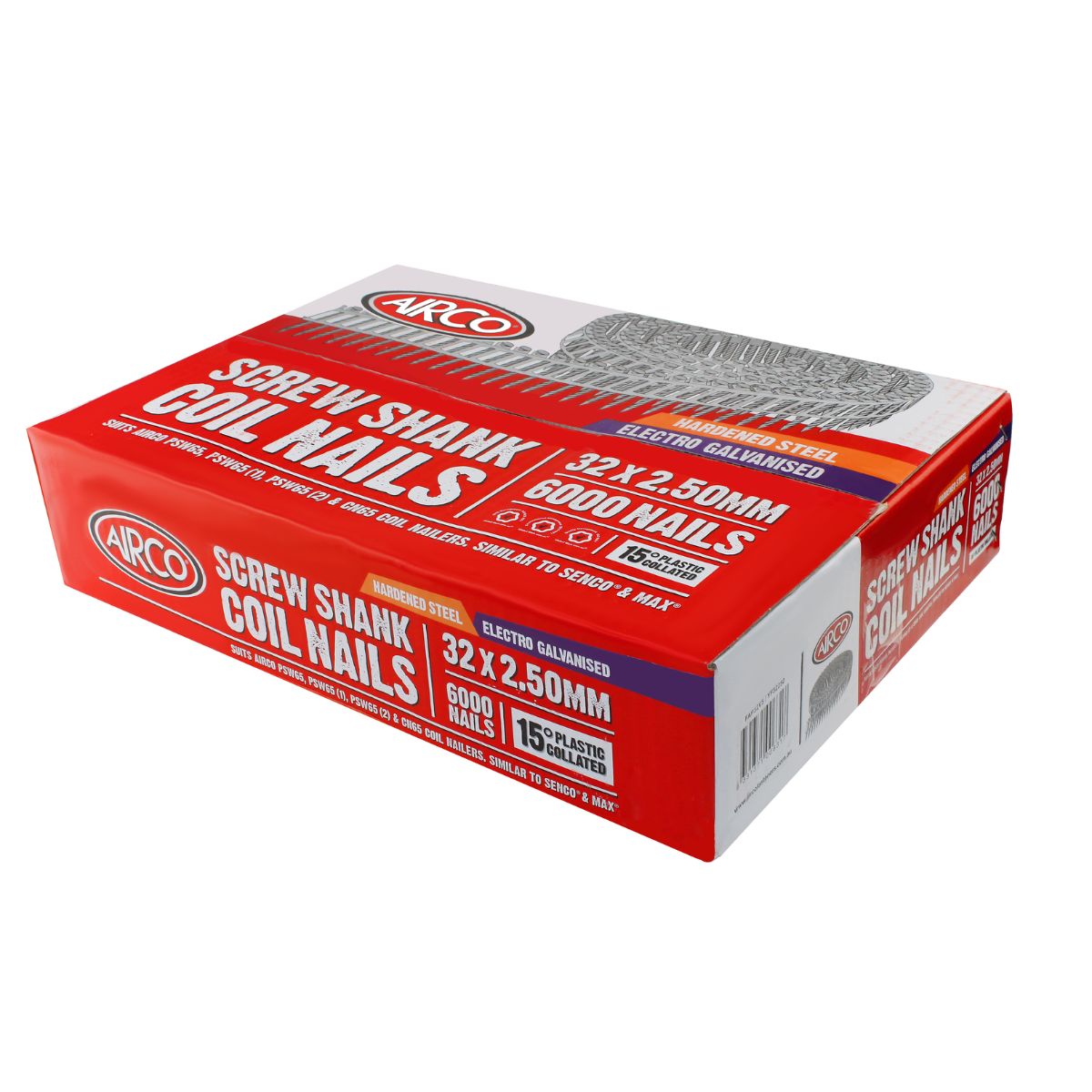Airco Coil Nail Plastic Collated. Screw Shank. Electro Galv. Hardened : 32 x 2.5mm Box